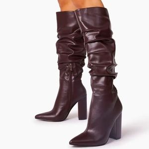 Knee High slouchy faux leathr block heel boots.Chocolate brown.Brand new wit tag